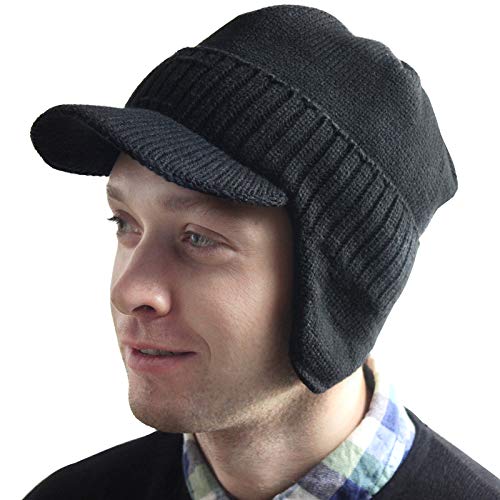 Holiberty Men Knit Wool Baseball Cap with Earflaps Winter Fleece Lined Bennie Trapper Hat