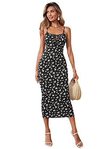Floerns Women's Floral Print Drawstring Front Sleeveless Cami Midi Dress