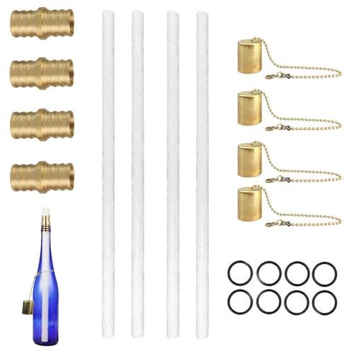 Mecha de antorcha de hierba de limón | Kit de hardware de mecha de repuesto para lámparas de aceite | 4 mechas de antorcha duraderas, cubierta de lámpara de cobre, soporte de mecha de latón para la
