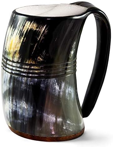 Norse Tradesman XL Viking Drinking Horn Mug - 100% Authentic Beer Horn Tankard With Hardwood Bottom and Ring Engravings | The Eternal, Polished, approx. 30 oz
