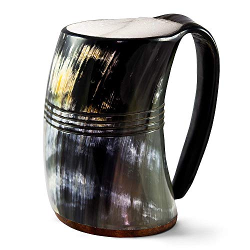 Norse Tradesman Xl Viking Drinking Horn Mug - 100% Authentic Beer Horn Tankard With Hardwood Bottom And Ring Engravings | The Eternal, Polished, Approx. 30 Oz #TOP20