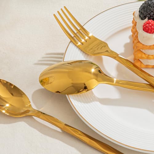 Image of KINGSTONE Gold Silverware Set, Luxury 20 Piece Flatware Set for 4, 18 /10 Stainless Steel Cutlery Set with Diamond Cut Pattern for Kitchen, Home, Wedding, Party, Mirror Polished and Dishwasher Safe