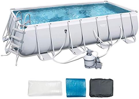 Bestway Power Steel 18' x 9' x 48" Rectangular Metal Frame Above Ground Outdoor Swimming Pool Set with 1,500 GPH Filter Pump, Ladder, and Pool Cover
