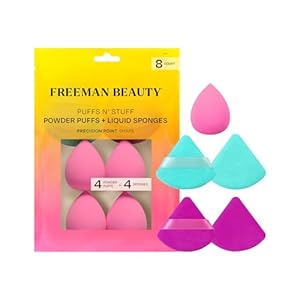 Freeman Puffs N’ Stuff Powder Puffs + Liquid Sponges Set, Makeup Blending Sponges For Liquid & Cream Foundation & Concealer, Triangle Powder Puff For Setting Powder, Vegan & Cruelty Free, 8 Count