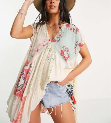 Image of Women Floral Mini Dress Y2k Deep V Neck Puff Sleeve Flowy Short Dress 2025 Summer Boho Beach Vacation Sundress (Apricot,M)
