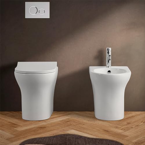 Coppia Sanitari Filomuro Senza Brida E Scarico Universale, In Bianco Lucido Con Copriwc Originale Soft-Close E Fissaggi Inclusi, Itaca - 5