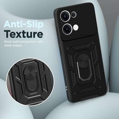 Image of Pikkme Back Cover for Oppo Reno 13 5G | Sliding Camera Shield with Ring Stand | D10 Full Camera Protection Bumper Case (Black)
