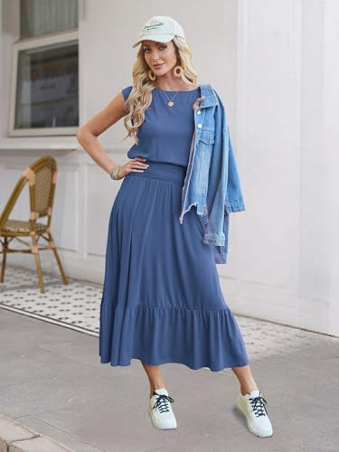 Image of Kikibell Womens Summer Dresses Cap Sleeve Elastic Waist Midi Dress with Pocket Long Causal Sundress Beach Vacation Outfits