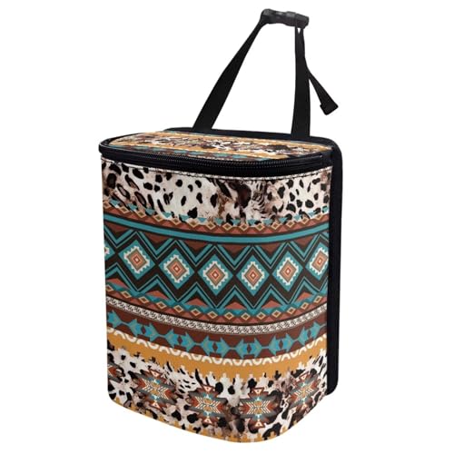 Image of Southwestern Tribal Aztec Cowhide Hanging Trash Can for Car,Leak Proof Multipurpose Trash Bin Can with Lid,Universal Fit Most Vehicle