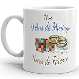 Mug anniversaire mariage 9 ans noces de Faïence personnalisable 2 prénoms tasse personnalisée Idée Cadeau Originale Famille couple mari femme noel fete époux épouse