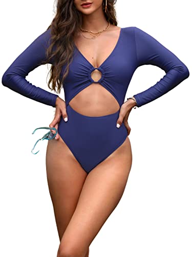 Cupshe One Piece Swimsuit For Women Bathing Suit Cut Out Long Sleeves Deep V Neck High Cut O Ring, M Royal Blue #TOP13