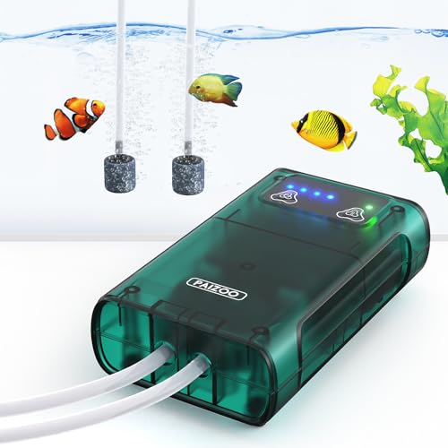 PAIZOO Aquarium Air Pump, Fish Tank Aerator Dual Outlets Battery Powered, Quiet Rechargeable Oxygen Pump with Accessories for 5-120 Gall Tank, 3W