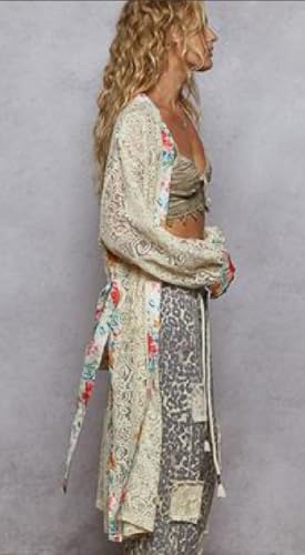POL Clothing Floral Lace Kimono Cardigan, Open Front, Long Sleeve, Cream with Coral and Turquoise Trim3