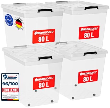 ATHLON TOOLS Juego de 4 cajas con tapa de 80 l, aptas para guarda...