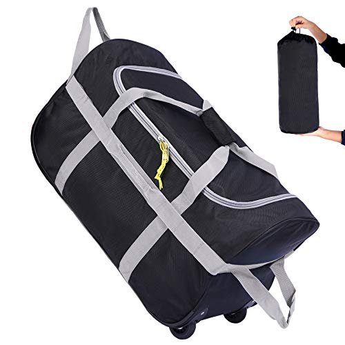 CAMPMOON Folding Wheeled Rolling Duffle Bag for Camping Travel, Lightweight Large Duffel Bag with Wheels and Pull Handle , Grey, 30 Inch