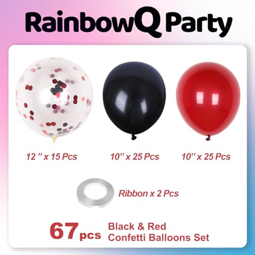 Image of RainbowQ 67Pcs 12 Inch Red and Black Confetti Latex Helium Balloons | Black Red Balloons Latex Helium Shiny Balloon Set for Graduation Wedding Anniversary Birthday Party Decorations