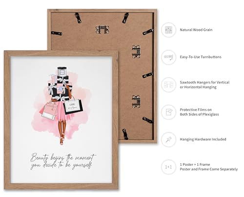 Image of Poster Master Lady with Shopping Bags Poster - Fashion Print - Trendy Art - Modern Art - Gift for Women & Fashionista - Luxury Haute Couture Decor for Bedroom or Girl's Room, 8x10 Beige Framed