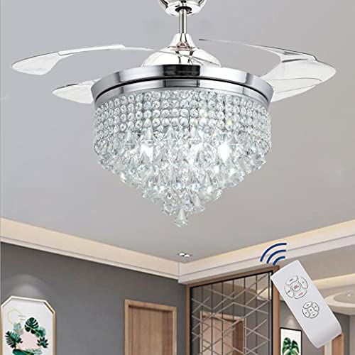 42" Ceiling Fan Light with Light and Remote Control, Retractable Bladeless Ceiling Fan Indoor, Invisible Crystal Fandelier Ceiling Fan,Brushed Nickel Reversible Ceiling Fan Lights Bedroom Living Room