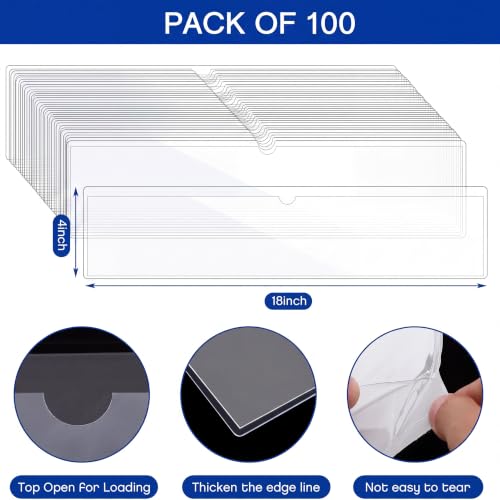 Image of Chinco 100 Pcs Self Adhesive Clear Index Card Pockets,18 x 4 Inches | Clear Plastic Label Sleeves with Top Open, For Organizing Storage Box Drawer, Fits Index Cards Measuring 18 X 4 Inches