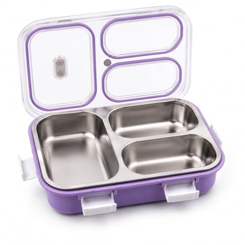 Image of 950ML Stainless Steel Bento Lunch Box |3 Compartments, Leakproof Tiffin Box with Spoon & Fork for School | Office & Travel (Lavender Purple)