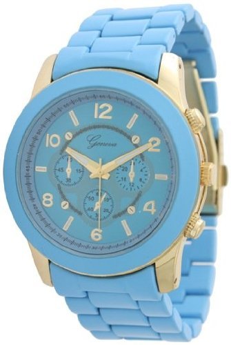 Unisex Geneva Boyfriend Chronograph Style Link Watch - Sky Blue/Gold
