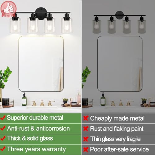 Image of 4-Light Bathroom Light Fixtures, Matte Black Modern Vanity Lights Over Mirror with Clear Glass Shade, Bathroom Wall Lamp for Mirror Kitchen Living Room Hallway Cabinet Porch Bedroom Reading room