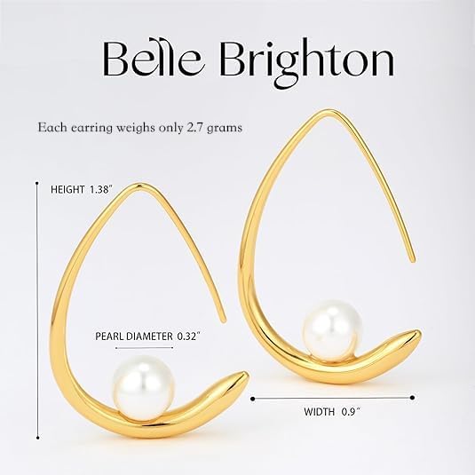 Teardrop Earrings for Women, 18k Gold Plated Dangle Drop Earrings, Pearl Earrings for Women, Lightweight Chunky Open Hoops, Trendy Gold Hoop Earrings, High Polished Jewelry - Image 6