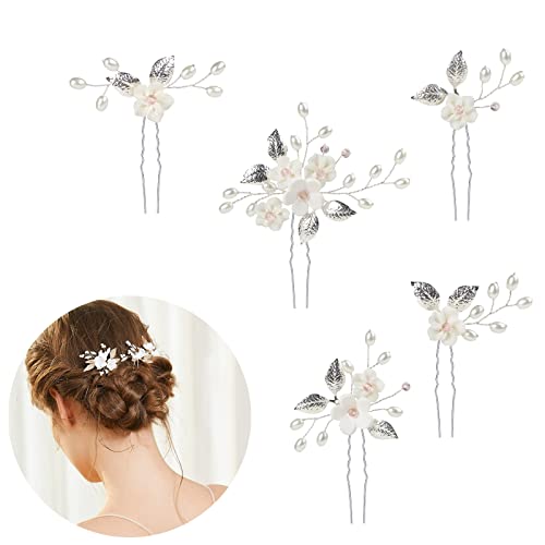 Bridal Hair Pins, 5Pcs Elegant Pearl Hair Pins Wedding Hair Grips, U Shaped Crysta Flower Shape Hairpin for Bridal Bridesmaid, Hair Piece Accessory for Women Girls, Wedding and Ball
