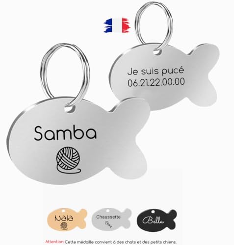 Medaille chat et chien en forme poisson avec gravure - Gravure Laser En France - Porte adresse personnalisé pour colliers chat - Médaille en acier inoxydable...