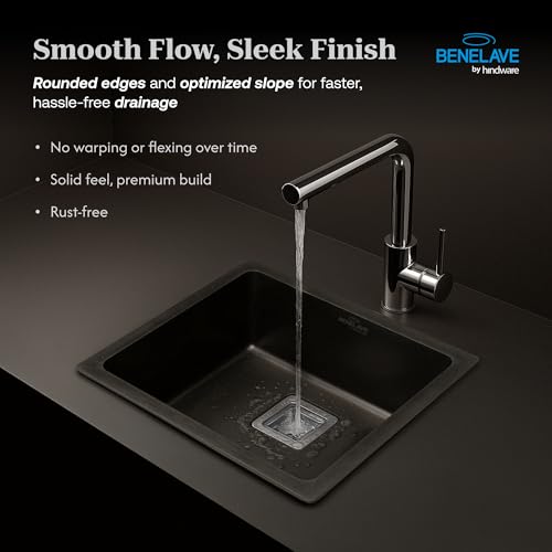 Image of Benelave by Hindware BLACP91008 Quartz Sink 18x16x8 for Kitchen | Single Bowl | Black Color | Better Sound Absorption for Quieter Use | 7-year Manufacturer Warranty