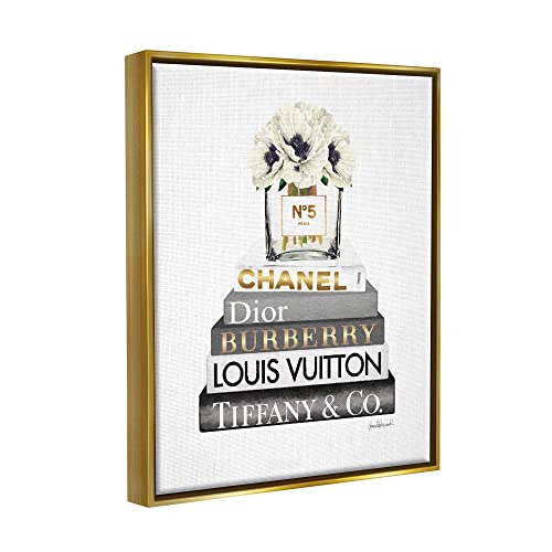 Image of 'White Poppies Grey Fashion Books'| Floating Frame Canvas Art | Stupell Industries | Gold, 17 x 21 Inches, Easy to Hang and Sturdy, Made in USA, by Amanda Greenwood