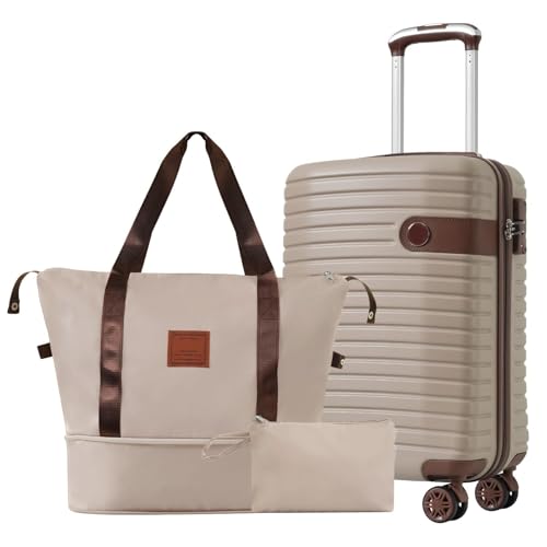 3 Piece Lightweight Hardshell ABS Carry-On Luggage Set with Wheels - Khaki Travel Suitcases