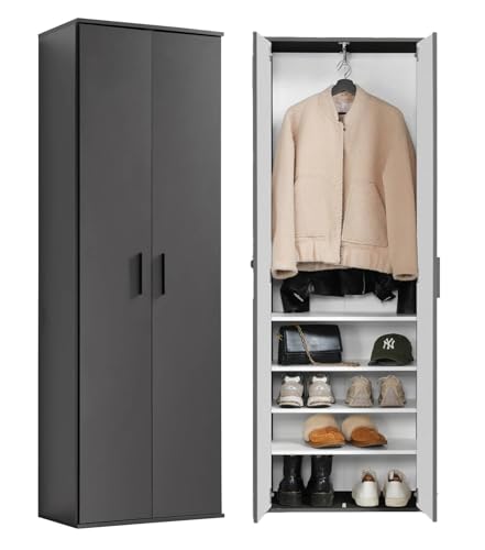 mokebo Garderobenschrank Mehrzweckschrank (60x180 cm) \'Der Lange\' aus Holz mit integrierten Schuhfächern, Schuhschrank, Flurschrank, Allzweckschrank oder Vorratsschrank in Anthrazit Schwarz