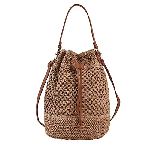 Image of Women Straw Drawstring Bucket Purse Small Tote Shoulder Handbag Hollow Out Cross-body Bag for Summer,Beach | Straw