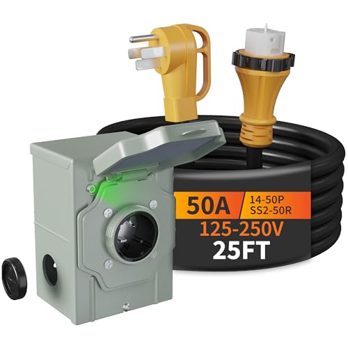 50 Amp Generator Cord 25FT and Power Inlet Box NEMA 14-50P Male to SS2-50R 125/250V Twist Lock Connector with Pre-Drilled NEMA SS2-50P Generator Inlet Box for Generator to House ETL Listed