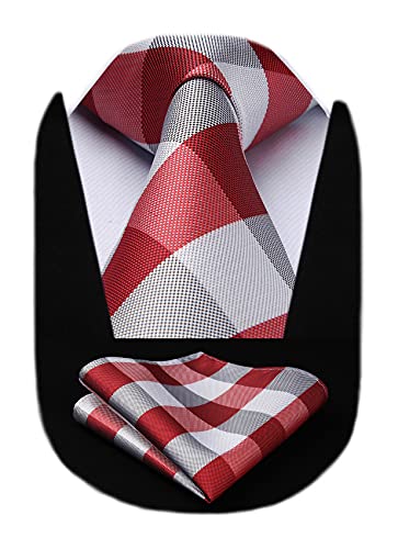 HISDERN Red Ties for Men Plaid Checkered Tie with Pocket Square Woven Business Formal Necktie Handkerchief Set Wedding Party