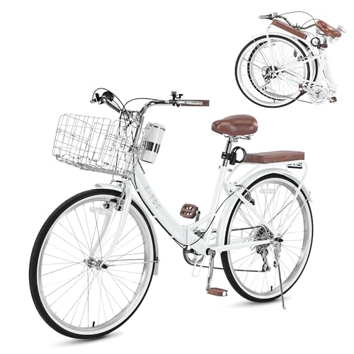 Image of 24 /26 Inch Folding Beach Cruiser Bike for Women, 7-Speed Foldable Bicycle with Basket & Cup Holder, Adult Commuter Bike with Adjustable Seat, Dual V-Brake System