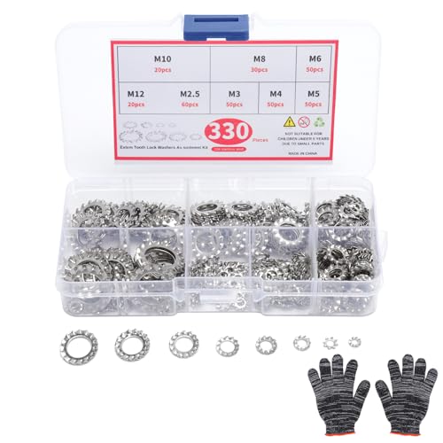 TNSLAND Juego de 330 arandelas de seguridad de dientes exteriores de acero inoxidable, arandelas dentadas, anillos de sujeción, arandelas M2.5-M12 con guantes de trabajo para montaje, bricolaje y