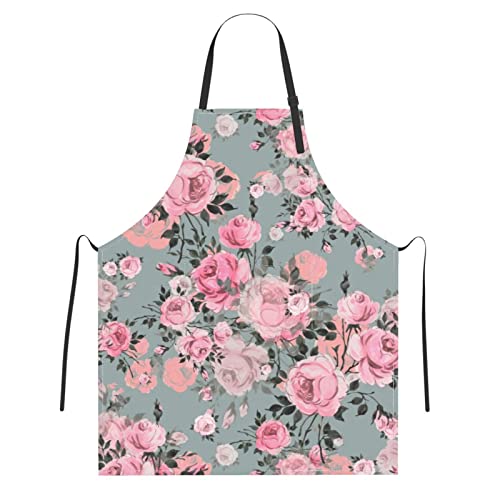 Pink Rose Floral Grey Shabby Chic Funny Apron 2 Pockets Mom Women Wife Girlfriend Birthday Valentine's Day Gifts Bbq Grilling Cooking Master Chef Kitchen #TOP15