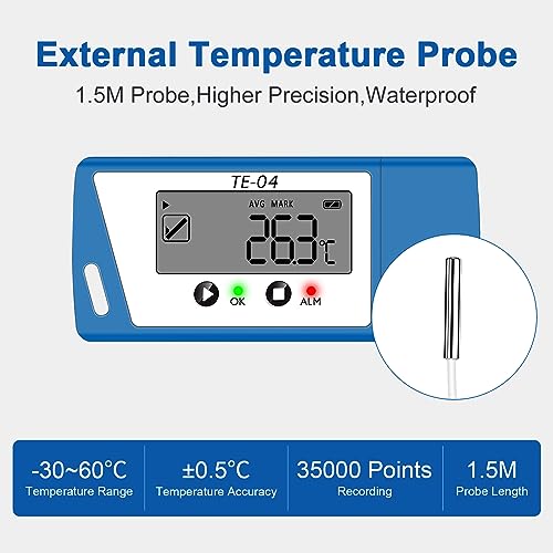 ThermElc TE-04 ET USB Temperatur Datenlogger, Temperaturrekorder mit Externem Sensor, Großem LCD-Bildschirm, Automatischen PDF/CSV-Berichten, 35000 Punkte, Temperaturmonitor für Impfstoffkühlschränke