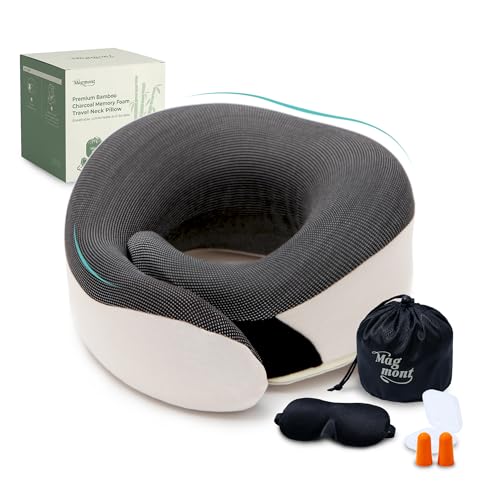 Image of Travel Neck Pillow for Airplanes, 360 Chin Support Memory Foam Travel Pillow for Long Flights, Bamboo Charcoal Memory Foam, Removable Washable Cover, Sleep Mask & Earplugs Included