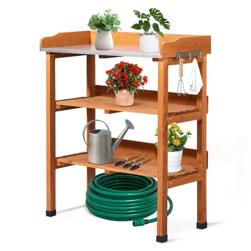 Outopee Outdoor Garden Potting Bench Table, Wooden Germination Table Planting Work Station with Metal Tabletop, 2 Storage Shelves, 3 Hooks, 74 * 36 * 90CM, Natural Wood