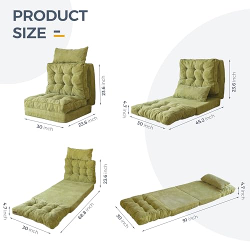 Image of MAXYOYO Folding Sofa Bed, Tufted Bean Bag Bed with Pillows Floor Couch for Adults, Extra Thick and Long Floor Sofa, Single Couch for Bedroom Living Room, Green, 30x91 Inch