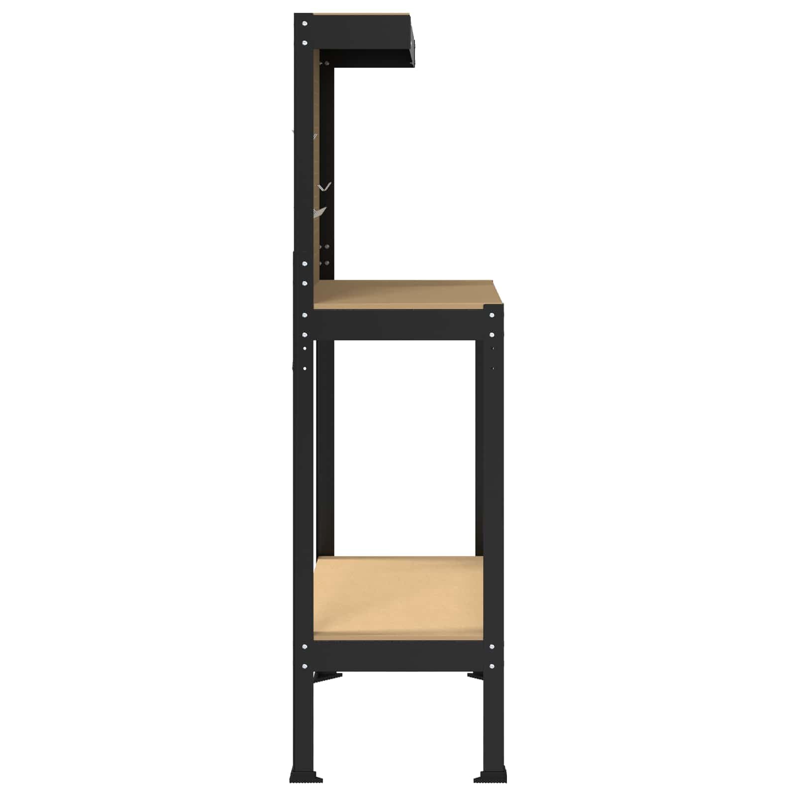Banco de trabajo estable de madera y metal para taller y garaje con almacenamiento, pared perforada y cajón en color negro, 81 x 41 x 145 cm