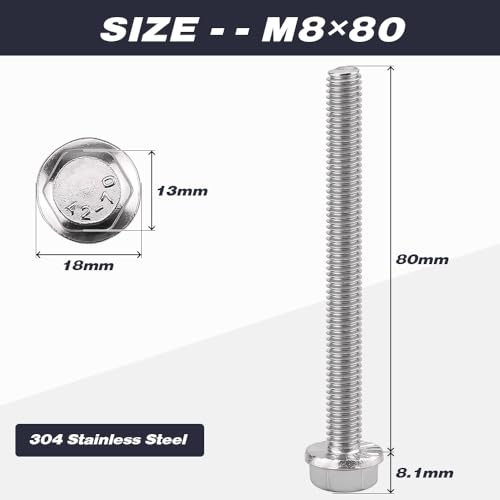 Image of M8-1.25 x 80mm (8 pcs) Flanged Hex Bolts, 304 Stainless Steel 18 /8, Large Washer Head Automotive Screws for Car Parts & Machinery Replacement