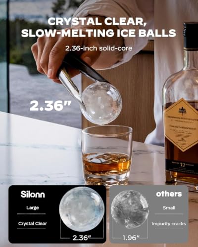 Image of Silonn 2.4″ Ice Ball Maker Countertop, Clear Sphere Ice Maker Machine with Crystal Sphere & Rapid Sphere Technology, 3 pcs in 40 Mins, 100 pcs /Day, Self-Cleaning for Home Bar Whiskey & Bourbon