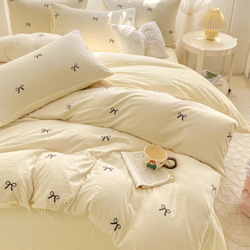 Image of Nayoroom Bow Duvet Cover Queen Size Reversible Aesthetic Duvet Cover 3 Pieces Soft Lightweight Microfiber Kids Girls Cute Dorm Bedding Set, White /Yellow