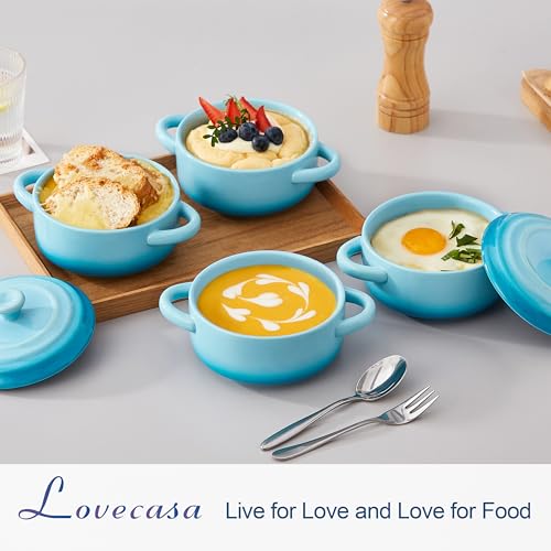 LOVECASA Ensemble de 4 Minis Cocottes en Grès avec Couvercle | 420ml | Ramequin Crème Brulée pour la Cuisson | Passe au Lave-vaisselle | Ø12.3 x H5.1 cm | Bleu Dégradé – vue 2