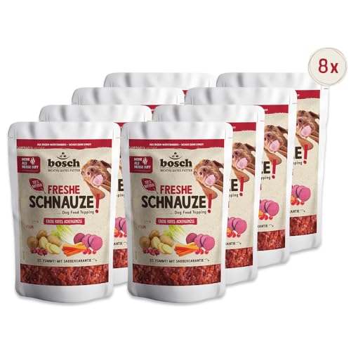 Bosch Freshe Schnauze - Erdig rotes Ackergemüse 8 x 200 g | Topping für Hundefutter | Für Trockenfutter und Nassfutter geeignet | mit frischer Rote Bete, Karotten, Kartoffeln & Hagebutten