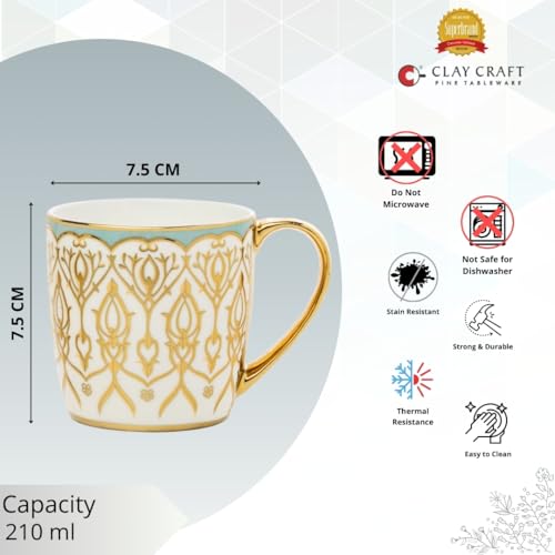Image of Clay Craft Fine Ceramic Tea & Coffee Cups Set with Gold Detailing| 210 Ml Elegant Designer Cups for Home & Gifting | Premium Finish| Classic Pattern| Comfortable Handle